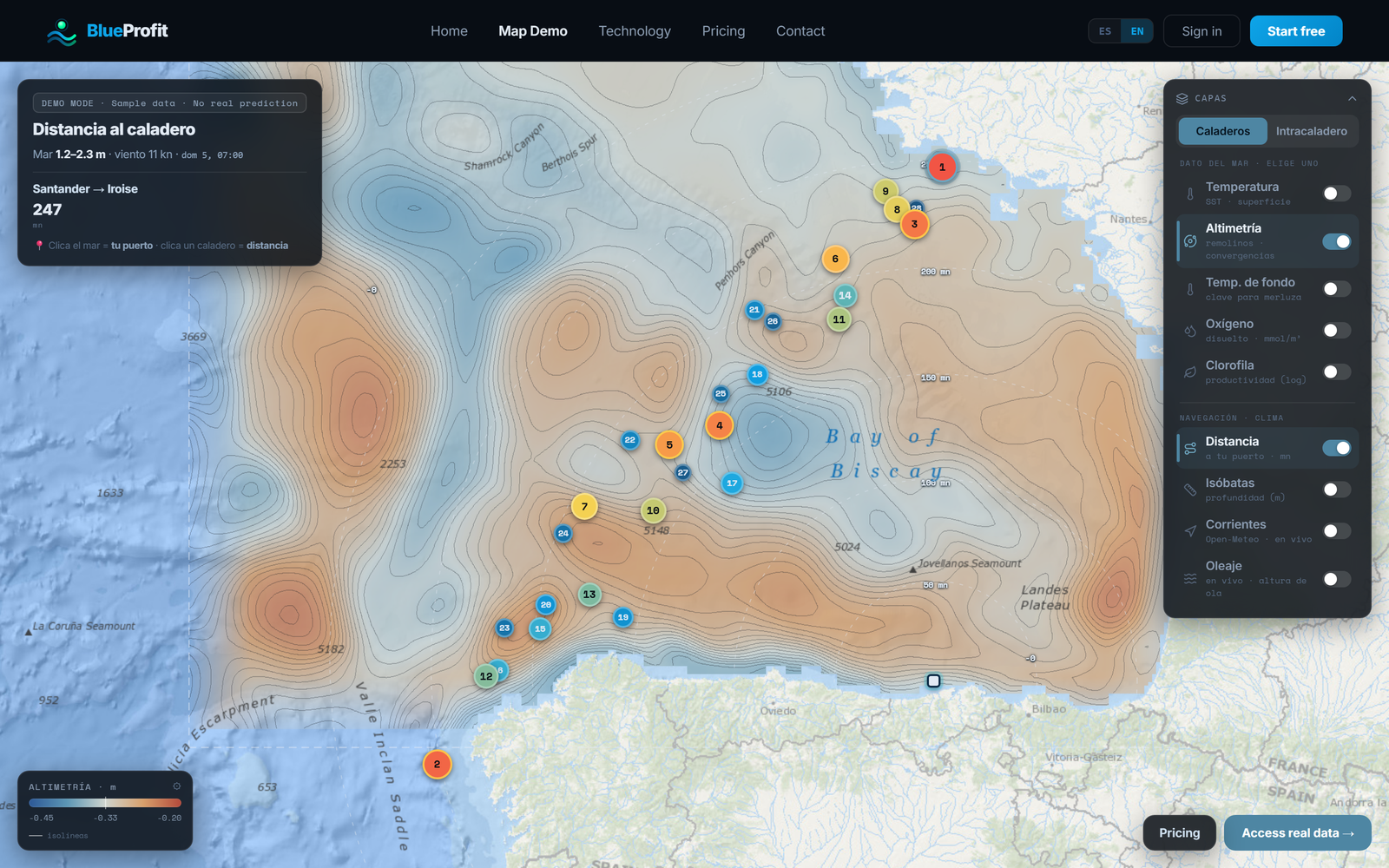 Chart-grade ocean layers with isolines — BlueProfit